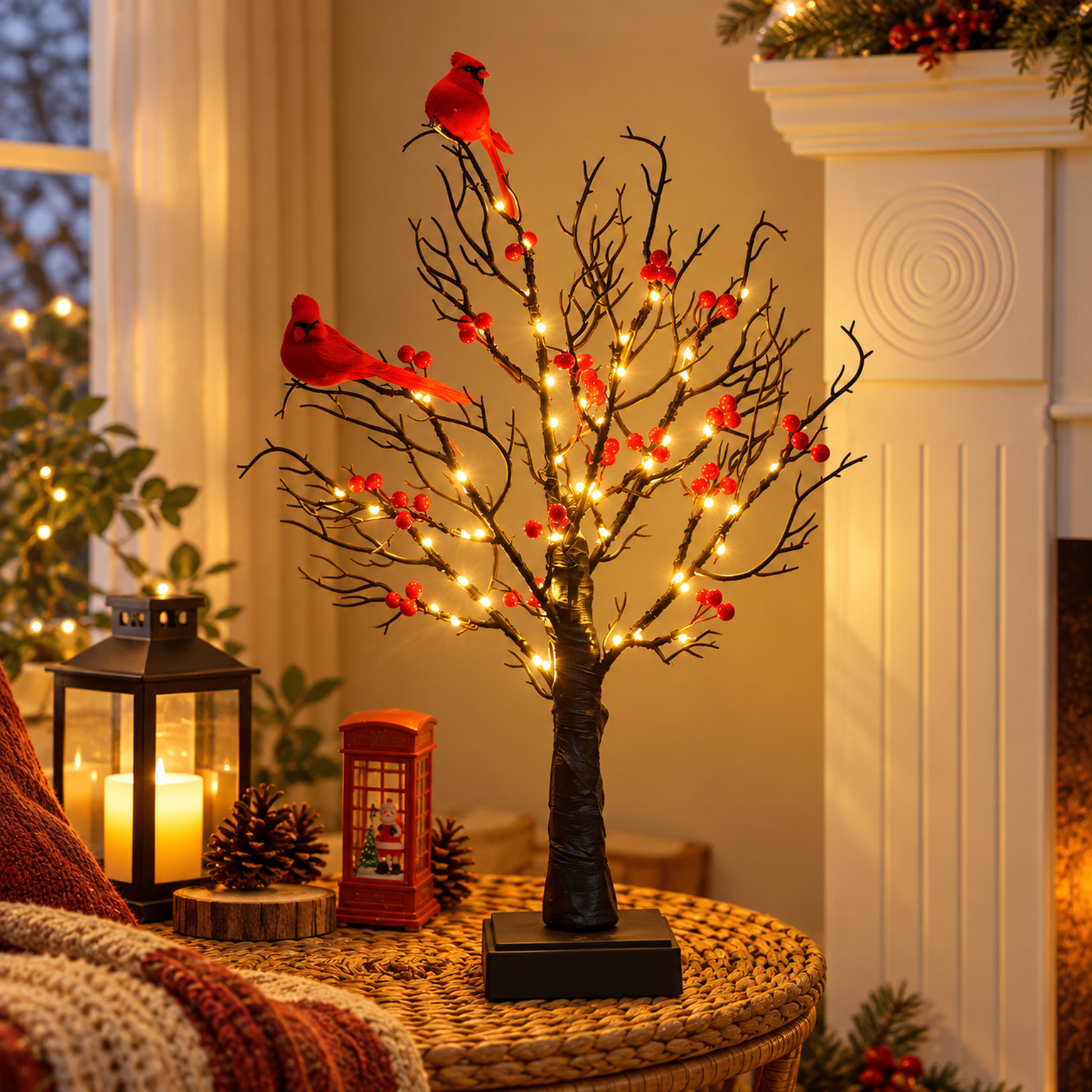 Jorix 60cm Cardinal Bird Berry Tree Lights, 24 LED Warm White Pre Lit Christmas Tree, Battery & USB Powered Lighted Twig Tree Lamp, Tabletop Halloween Decoration for Home