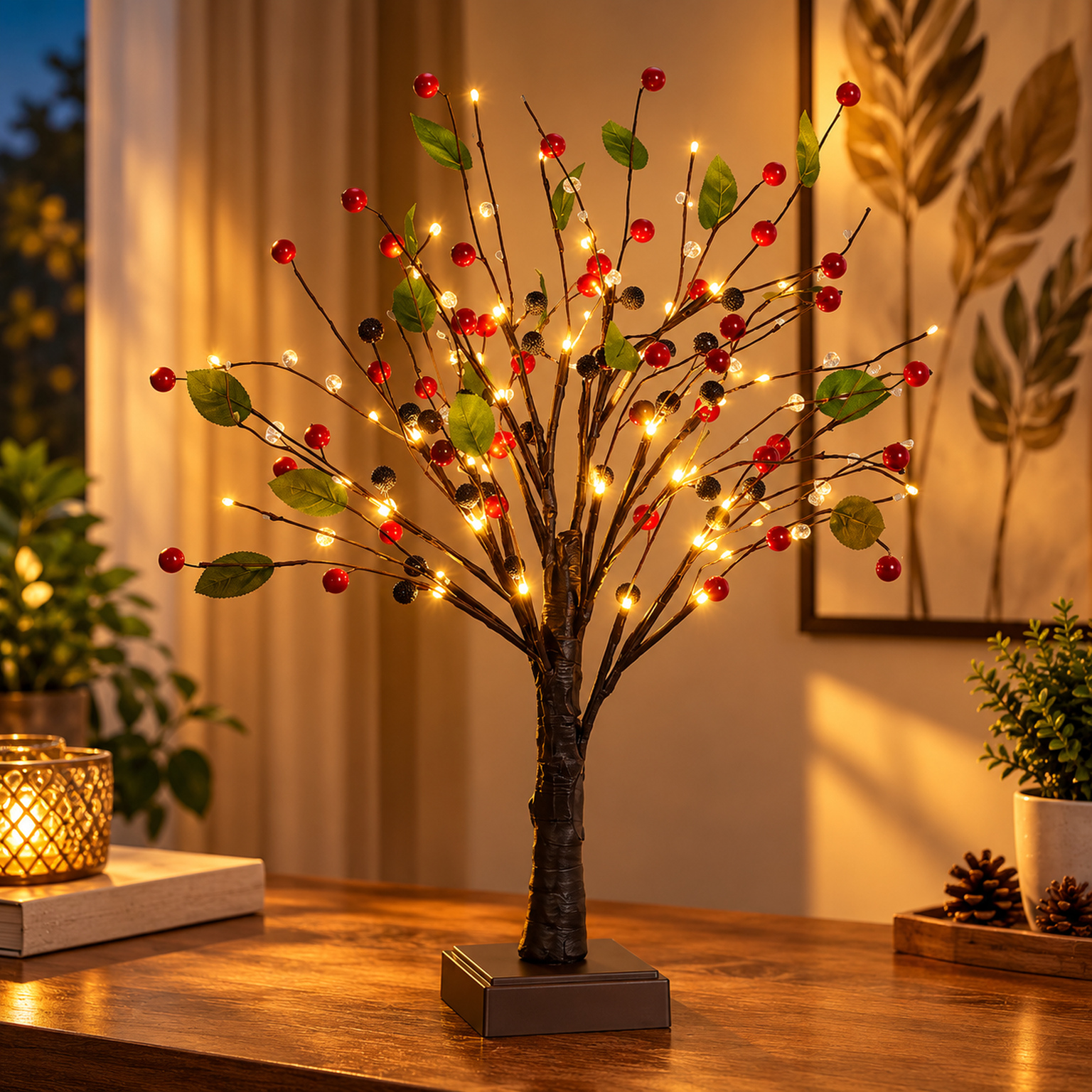 Jorix 60cm Berry Tree Lights, 24 LED Warm White Lighted Decorative Tree Lamp, Battery & USB Powered Tabletop Twig Tree, Christmas Halloween Home Bedroom Living Room Decoration