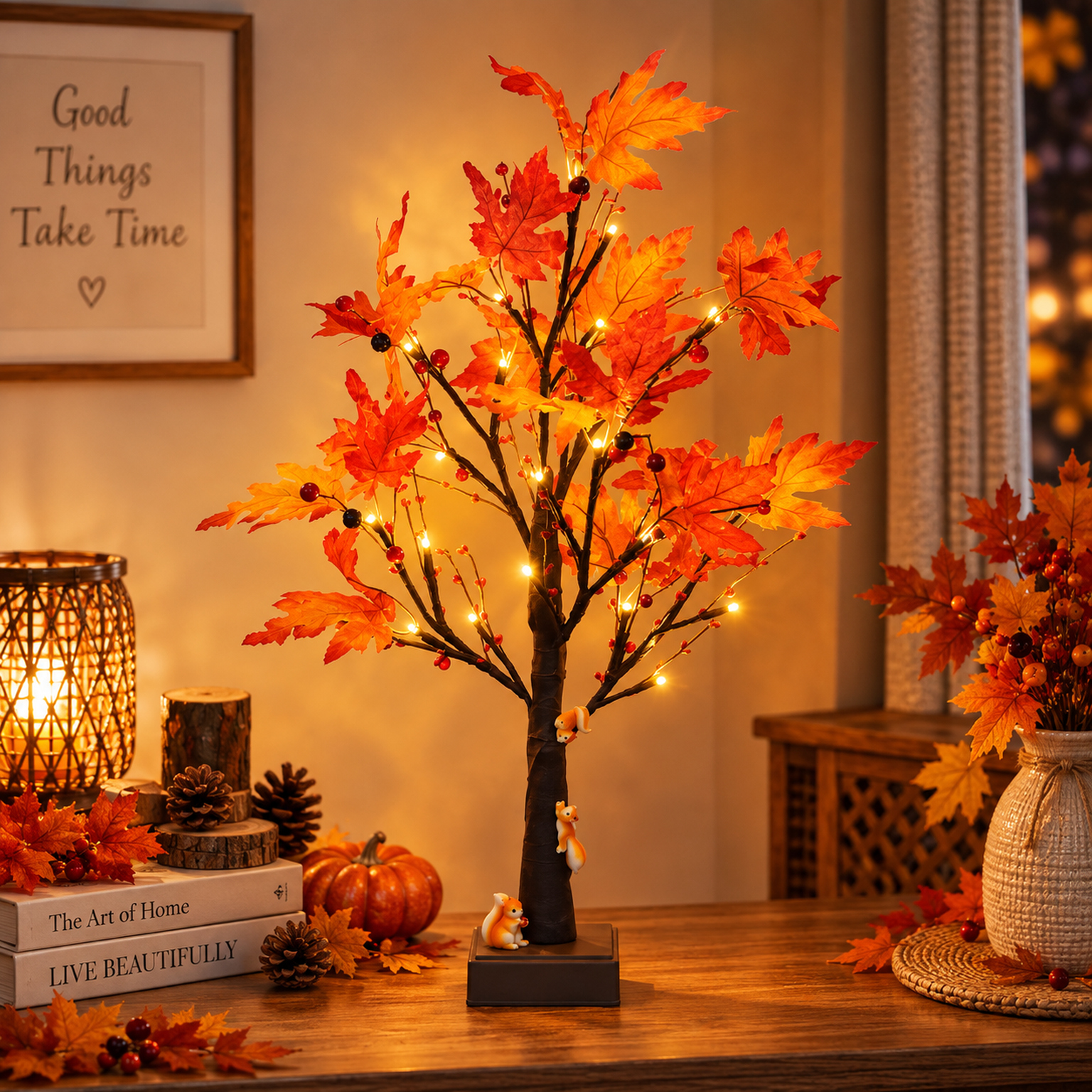 Jorix 60cm Maple Leaf Tree Lights, 24 LED Warm White Pre Lit Autumn Tree, Battery & USB Powered Lighted Twig Tree Lamp, Tabletop Halloween Christmas Decoration for Home