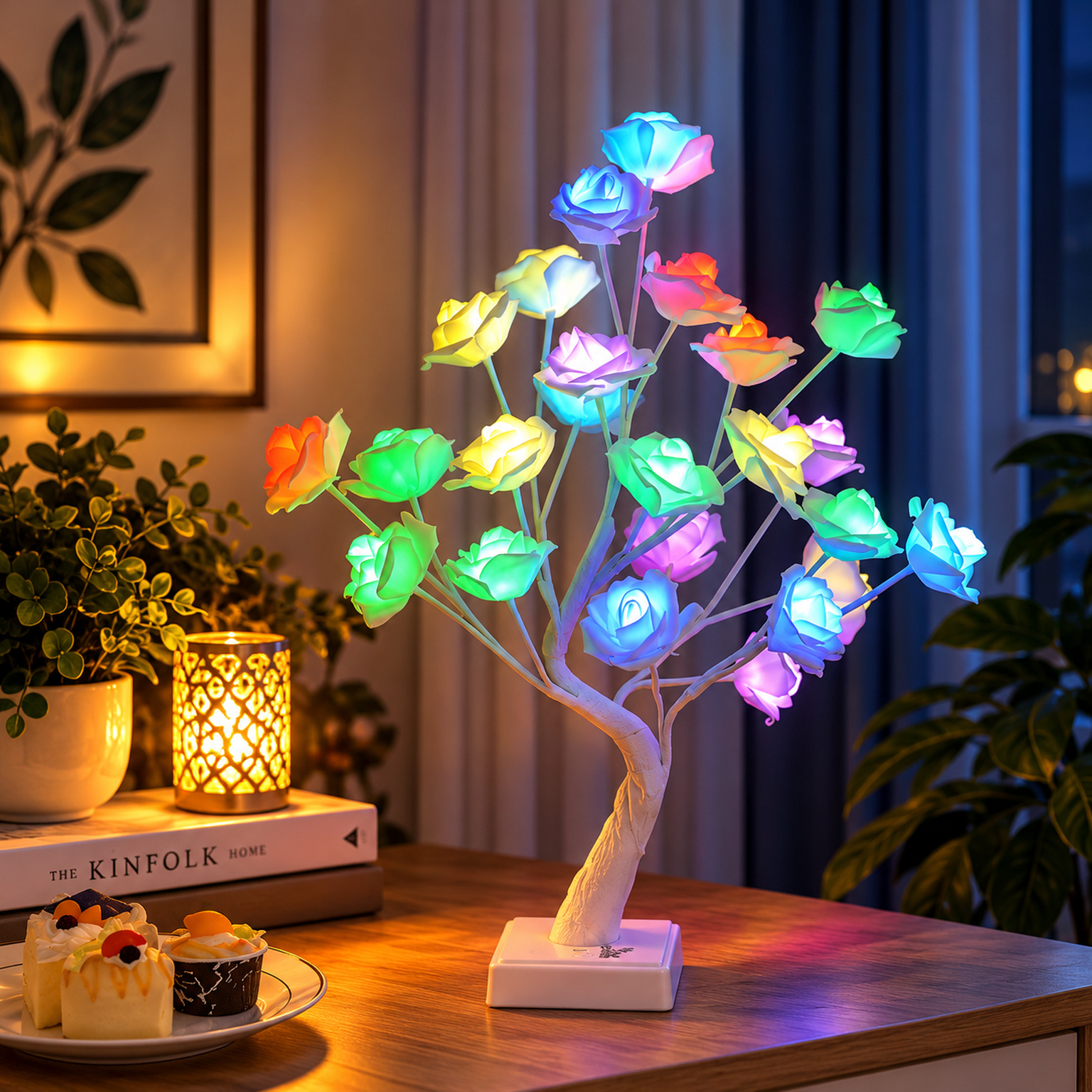 Jorix 45cm RGB Rose Tree Lights, 24 LED 16 Color Changing Flower Lamp with 32-Key Remote Control, USB & Battery Powered Tabletop Decorative Tree, Christmas Halloween Bedroom Home Decor