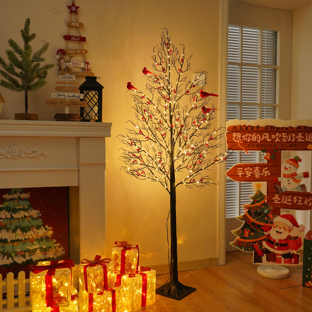 JORIX Easter Gift 150cm LED Maple Tree Lights with Red Bird Ornaments 200 Warm White LEDs 8 Lighting Modes Safe Adapter Base Powered Indoor Decorative Tree Lamp 5m Extension Cable