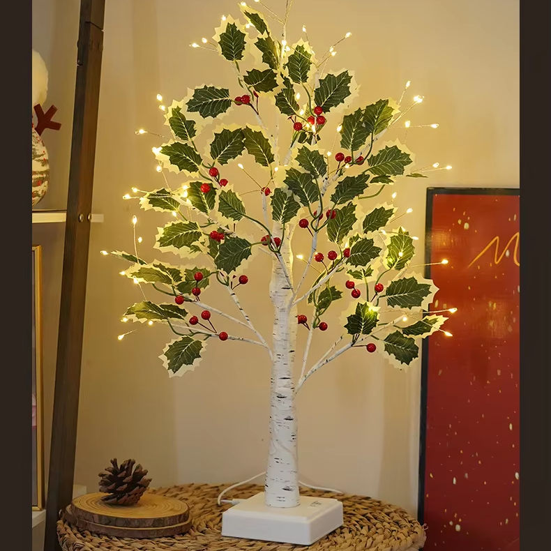 JORIX LED Easter Gift Birch Tree Light Twig Warm White Battery/USB Operated Maple Leaf Festive Tabletop with Red Berry & Leaf Design Holiday Party Home Décor Mother's Day & Father's Day Gift