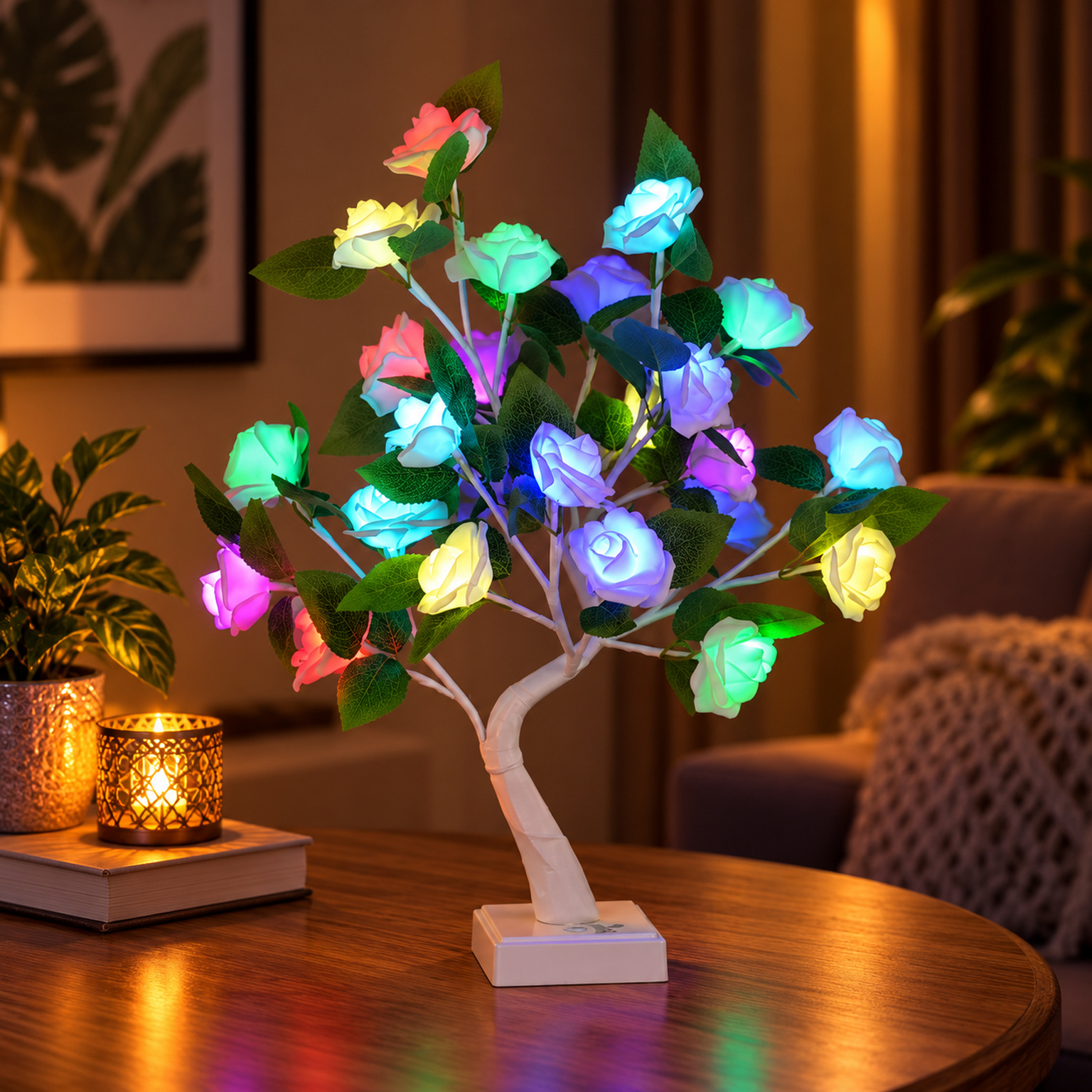 Jorix 45cm RGB Rose Tree Lights with Leaves, 24 LED 16 Color Changing Flower Lamp with 32-Key Remote Control, USB & Battery Powered Tabletop Decorative Tree, Christmas Halloween Home Decor