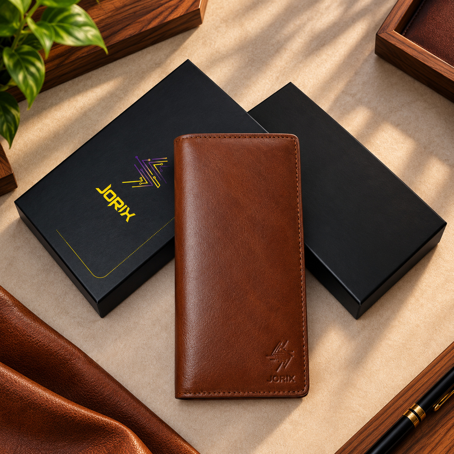 JORIX Brown Long Wallet 100% Genuine Cow Leather Handmade Unisex Bifold Wallet, 10 Card Slots, Phone Holder, ID Window, Christmas Halloween Gift for Men & Women