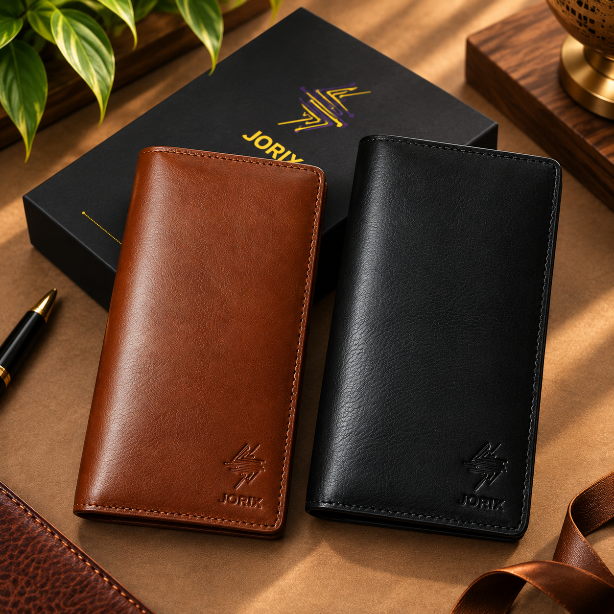 JORIX Long Wallet 100% Genuine Cow Leather Handmade Unisex Bifold Wallet, 10 Card Slots, Phone Holder, ID Window, Christmas Halloween Gift for Men & Women