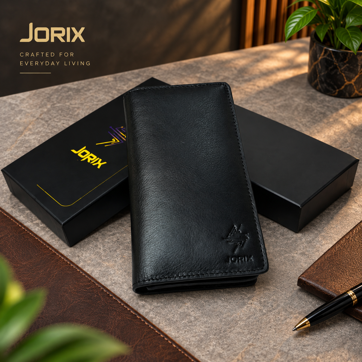 JORIX Black Long Wallet 100% Genuine Cow Leather Handmade Unisex Bifold Wallet, 10 Card Slots, Phone Holder, ID Window, Christmas Halloween Gift for Men & Women